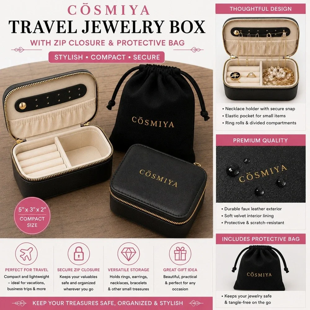 Cosmiya Small Black Faux Leather Travel Jewelry Box Zip Case New with Box‎ 5x8